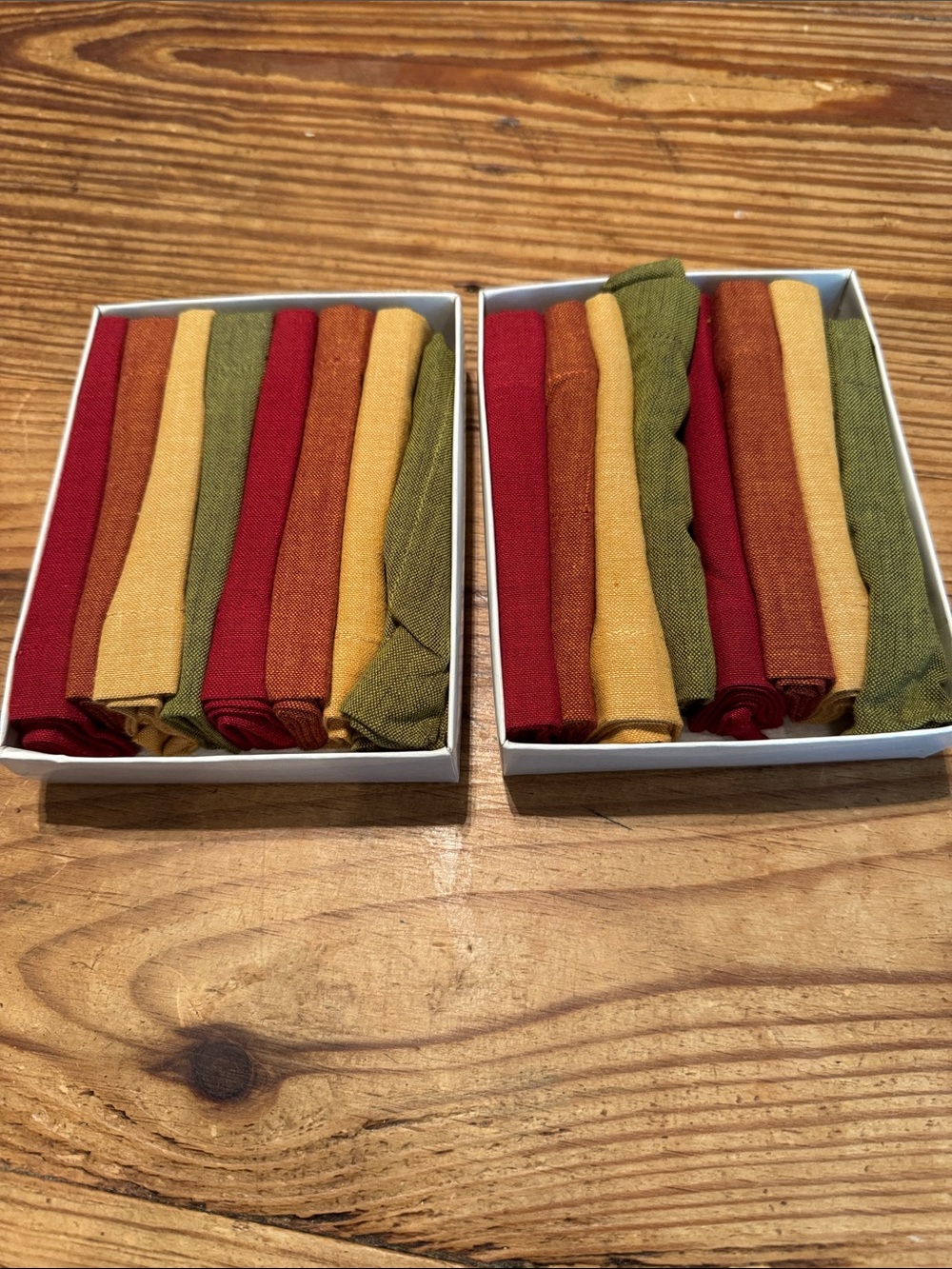 2 Tag Linen-like Cocktail Napkin Set (8 each) in Red, Gold, Orange, and Olive